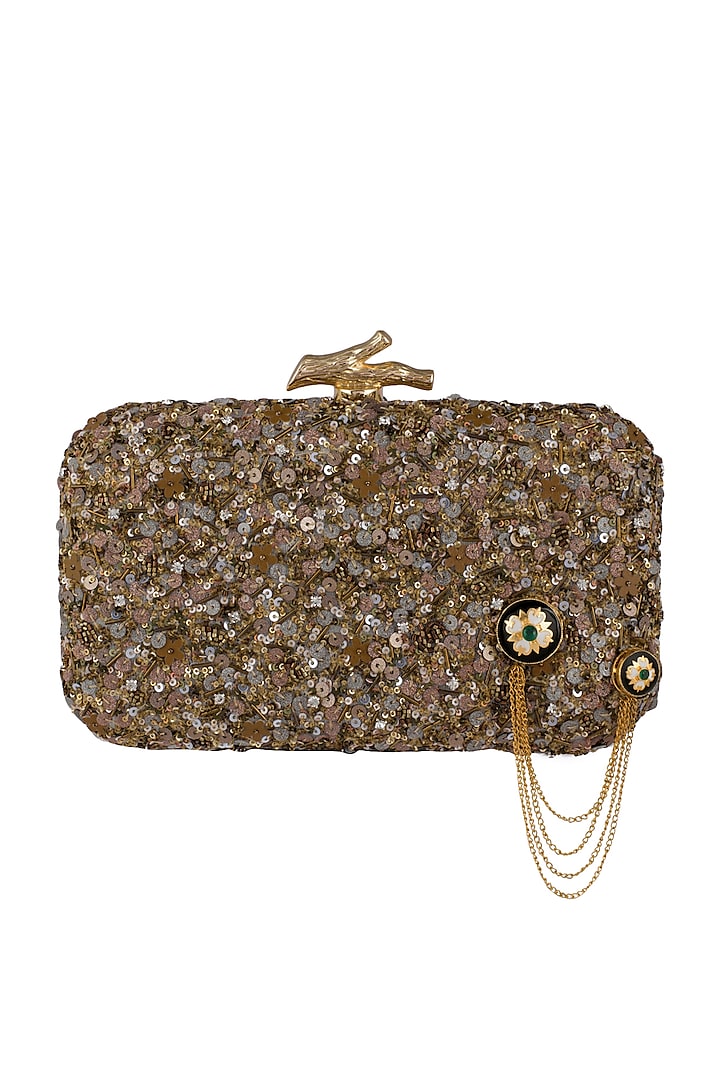 Gold Embroidered Clutch With 18Kt Gold Button & Metal Chain by Durvi