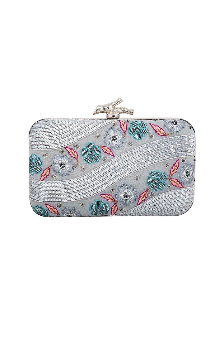 Ice Blue Embroidered Clutch by Durvi