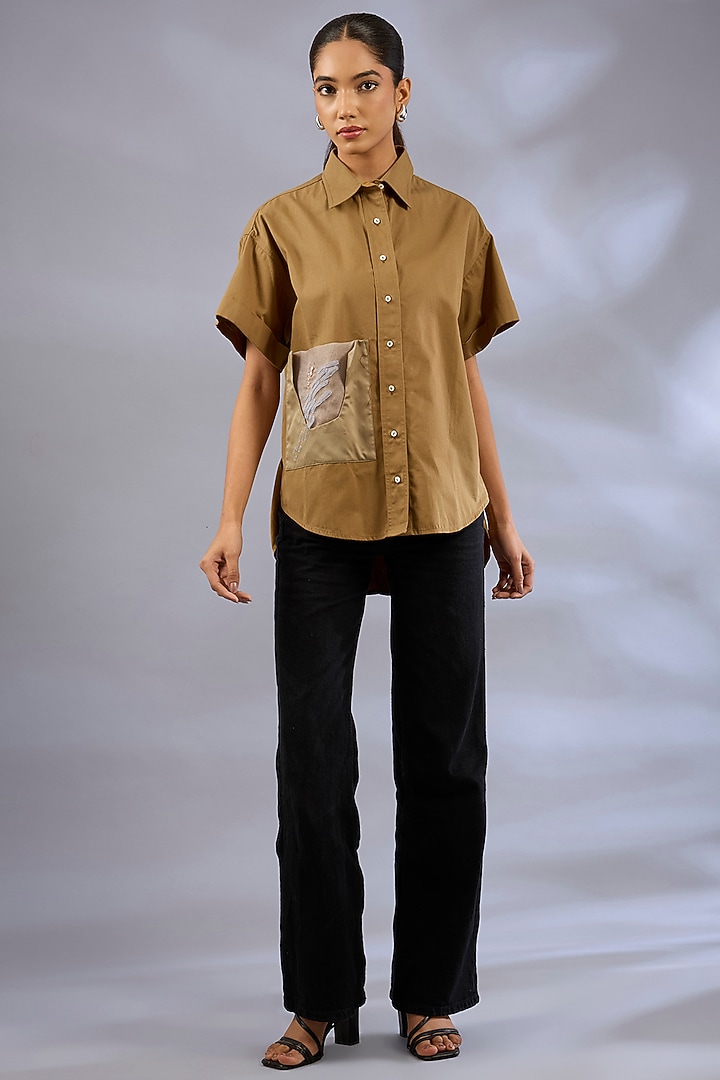 Camel Cotton Embroidered Shirt by GRAINE at Pernia's Pop Up Shop