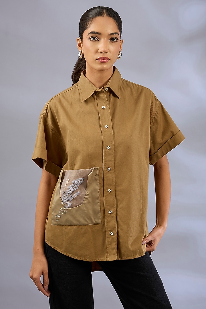 Camel Cotton Embroidered Shirt by GRAINE at Pernia's Pop Up Shop