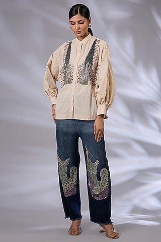 Blue Denim Sequins Embroidered Jeans by GRAINE 