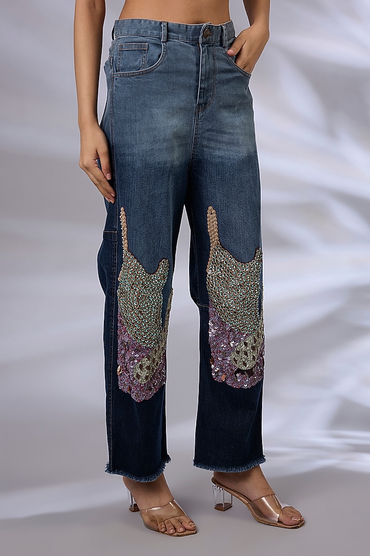 Blue Denim Sequins Embroidered Jeans by GRAINE at Pernia's Pop Up Shop