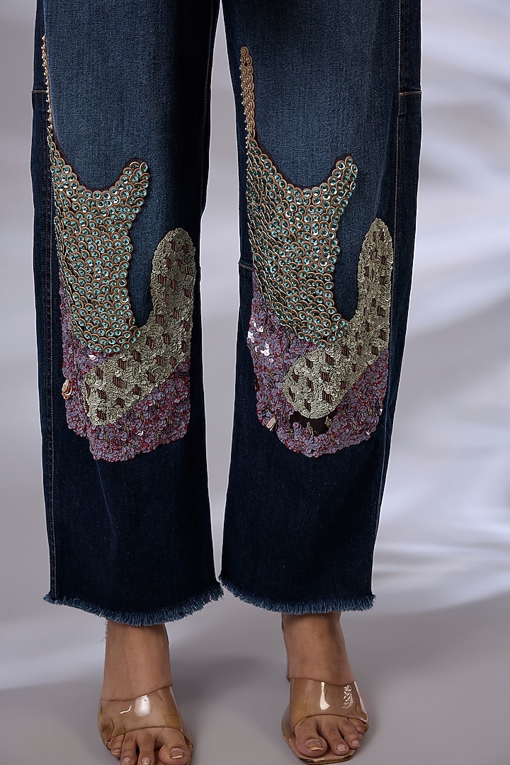 Blue Denim Sequins Embroidered Jeans by GRAINE at Pernia's Pop Up Shop