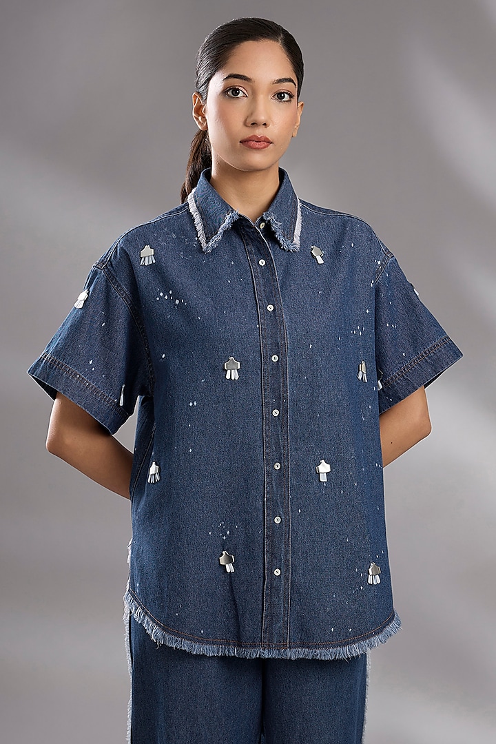 Blue Denim Metal Work Shirt by GRAINE at Pernia's Pop Up Shop