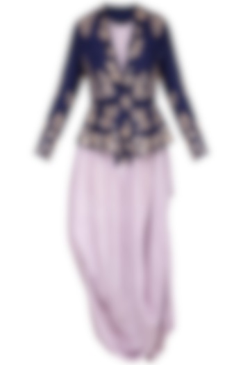 Bright mauve embroidered jacket with purple kurta and pants by Garo