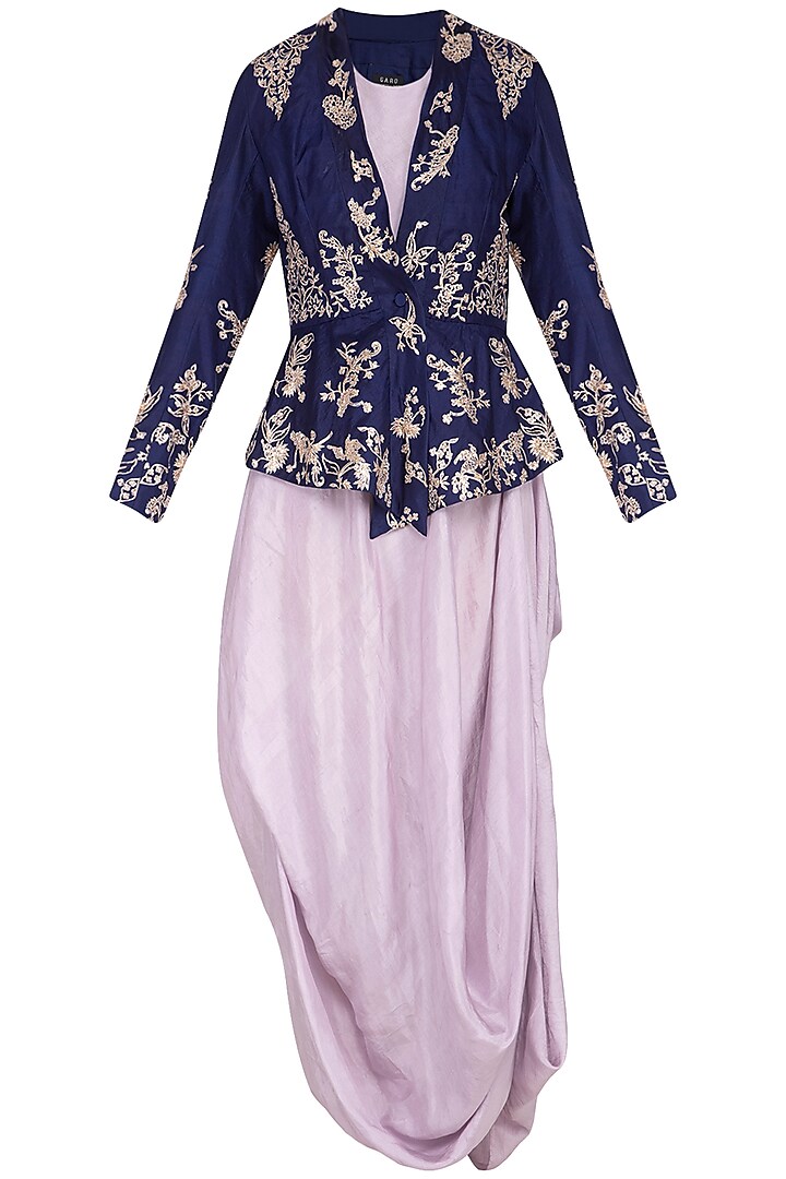 Bright mauve embroidered jacket with purple kurta and pants by Garo