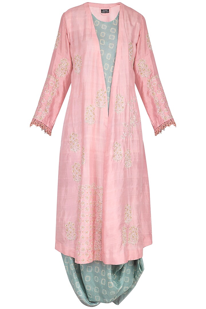 Dirty pink embroidered jacket with greyish blue drape and churidar by Garo