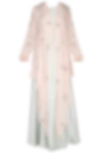 Pastel blue embroidered drape with overlayer kaftan and pants by Garo