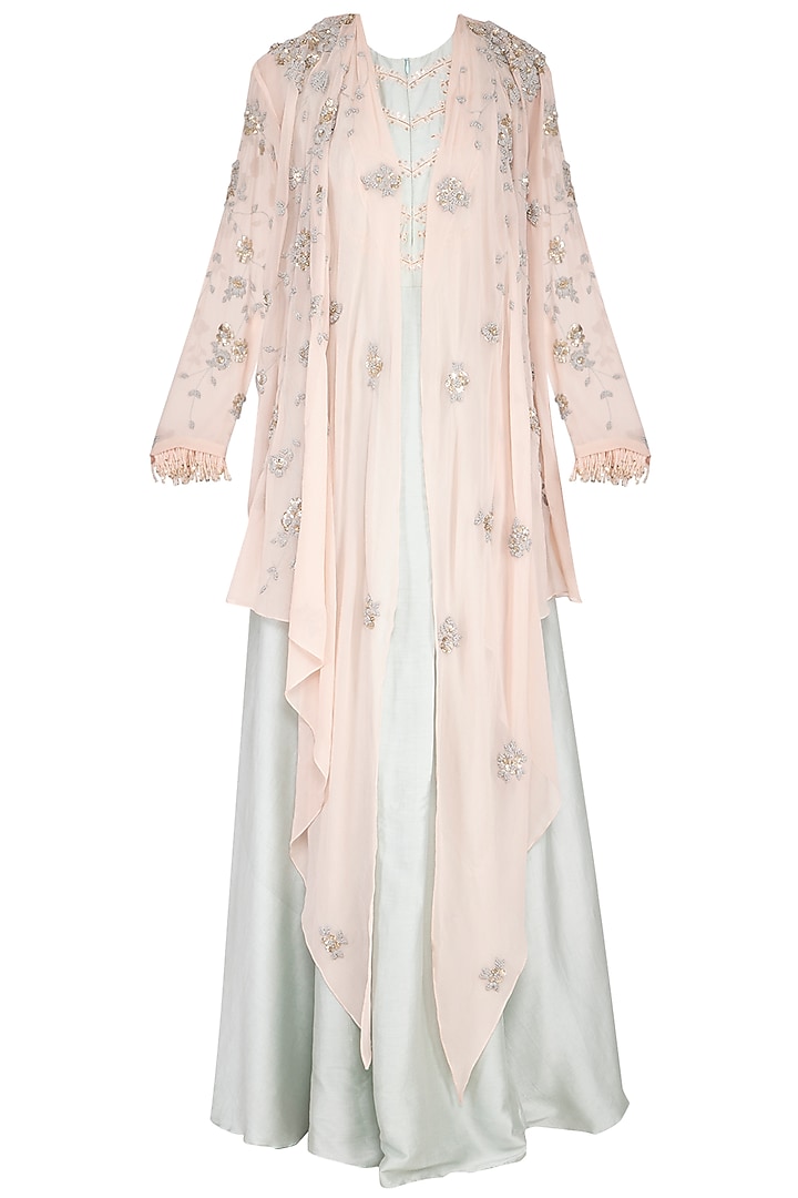 Pastel blue embroidered drape with overlayer kaftan and pants by Garo