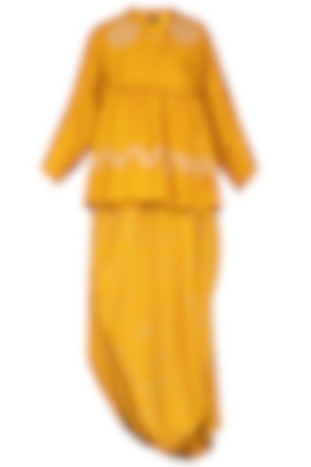 Mustard embroidered jacket with lemon drape and pants by Garo