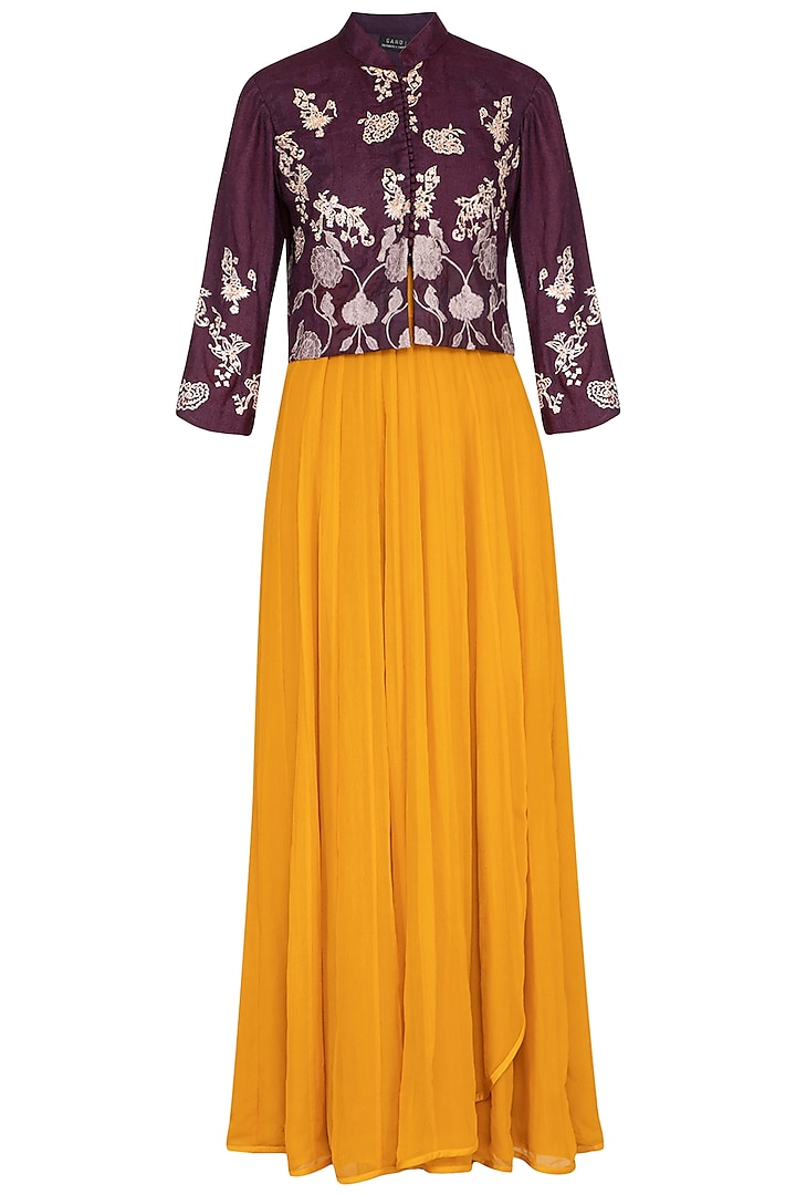 Aubergine embroidered jacket with mustard kurta and pants by Garo