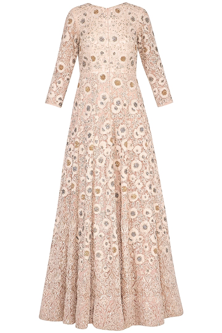 Pastel pink embroidered anarkali gown with churidar pants by Garo