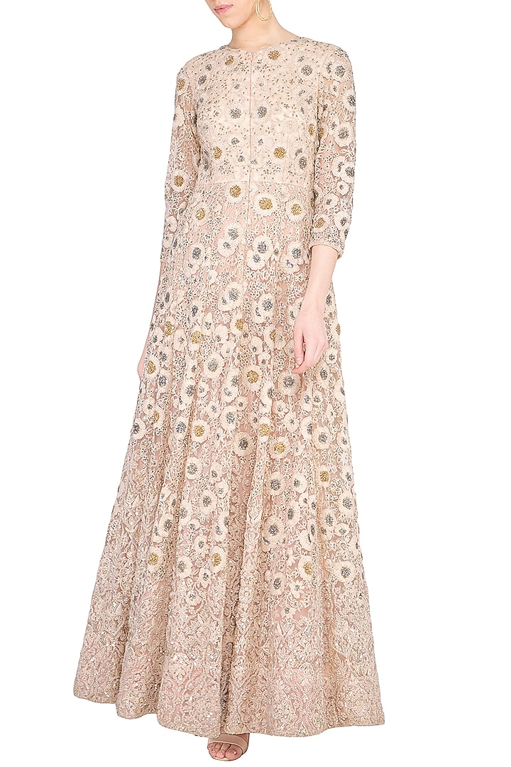 Pastel pink embroidered Bridal Anarkali gown with churidar pants by Garo at Pernia's Pop Up Shop