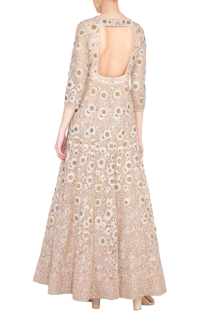 Pastel pink embroidered Bridal Anarkali gown with churidar pants by Garo at Pernia's Pop Up Shop