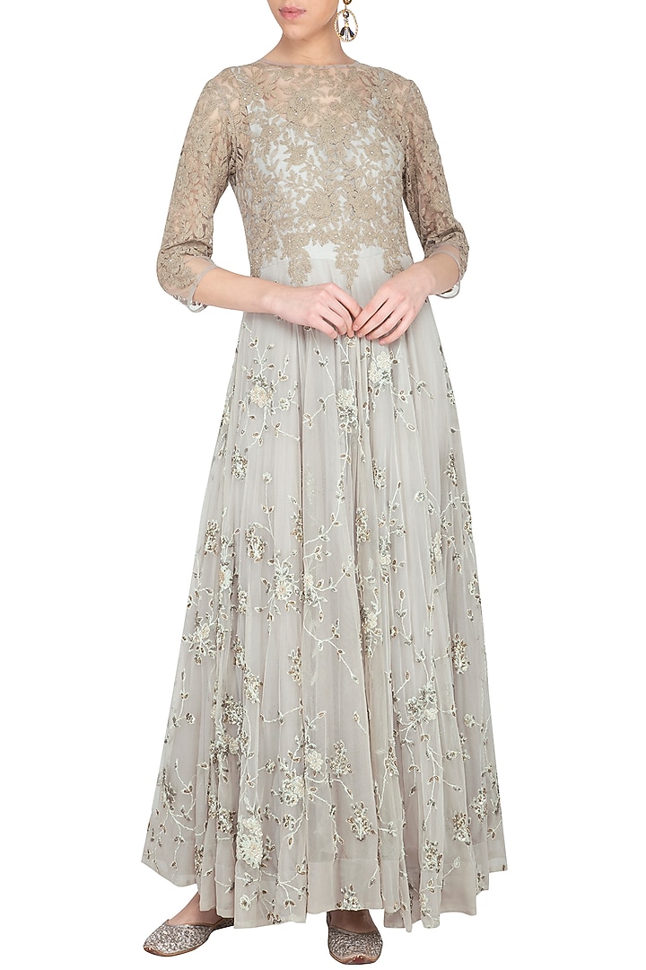 Grey embroidered Wedding Anarkali gown with churidar pants by Garo at Pernia's Pop Up Shop