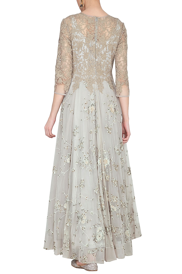 Grey embroidered Wedding Anarkali gown with churidar pants by Garo at Pernia's Pop Up Shop