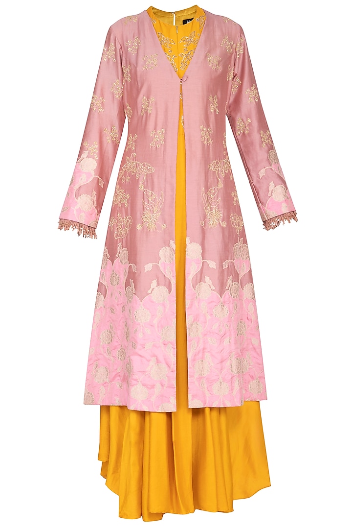 Pink embroidered jacket with mustard drape and pants by Garo