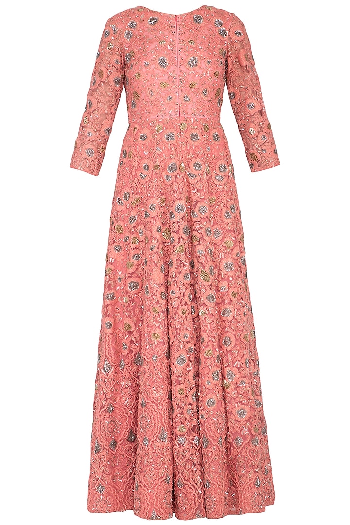 Pink embroidered anarkali gown with churidar pants by Garo