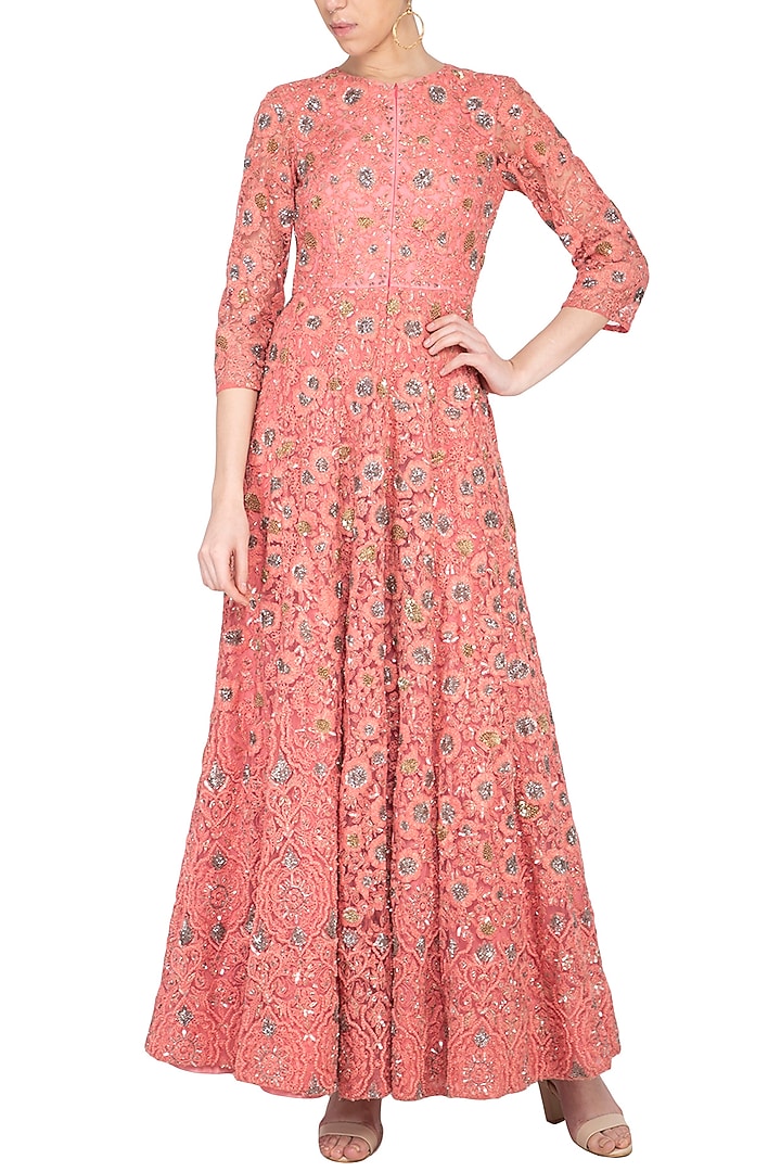 Pink embroidered Bridal Anarkali gown with churidar pants by Garo at Pernia's Pop Up Shop