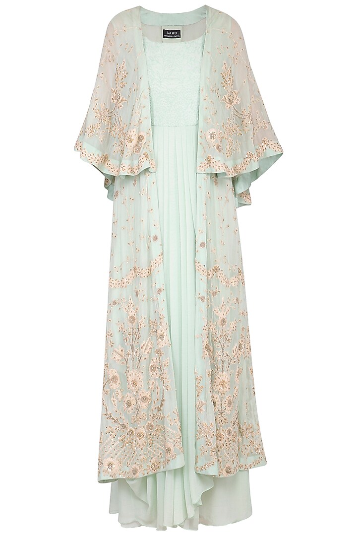 Soft pale blue drape and churidar with embroidered overlayer cape by Garo