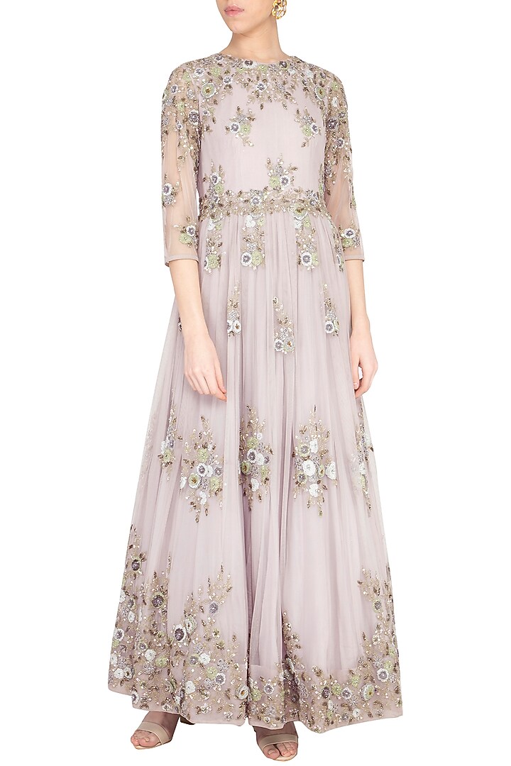Greyish muave embroidered Wedding Anarkali gown with churidar pants by Garo at Pernia's Pop Up Shop