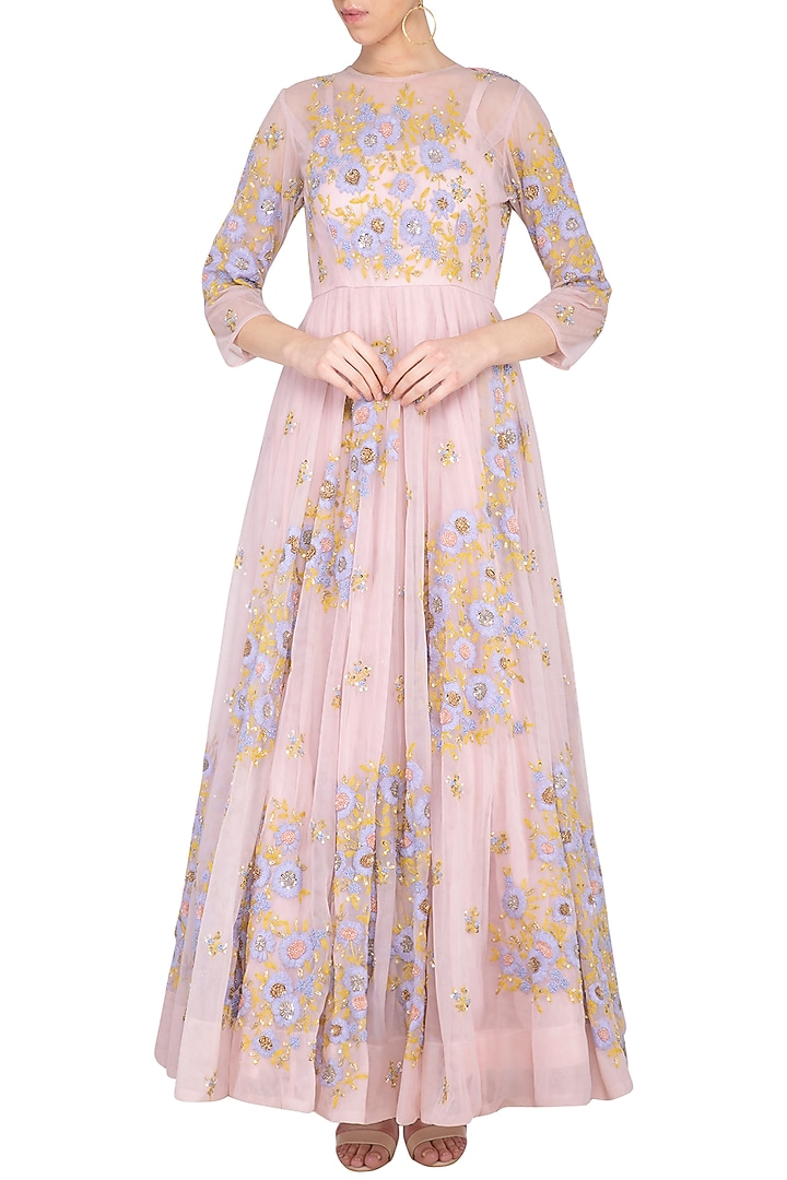 Bright onion pink embroidered Bridal Anarkali gown with churidar pants by Garo at Pernia's Pop Up Shop