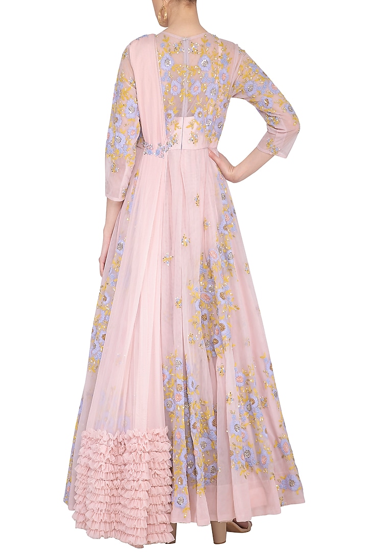 Bright onion pink embroidered Bridal Anarkali gown with churidar pants by Garo at Pernia's Pop Up Shop