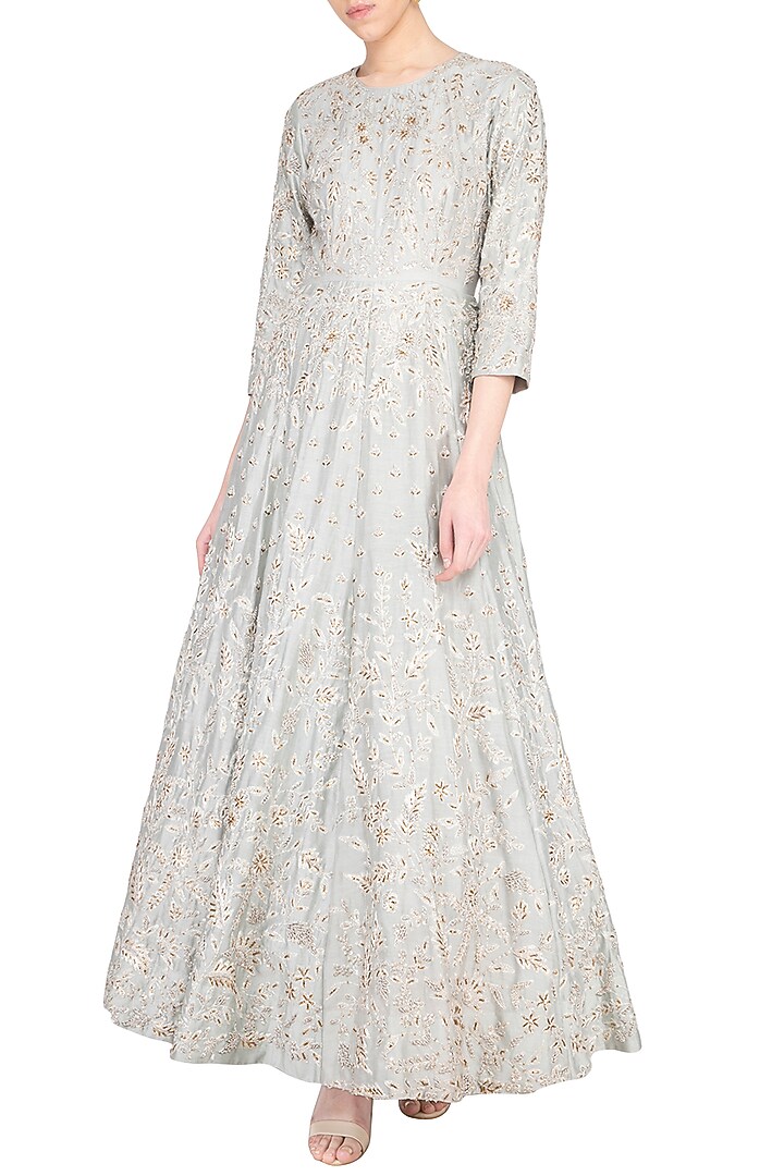 Light grey Wedding Anarkali gown with churidar pants by Garo at Pernia's Pop Up Shop