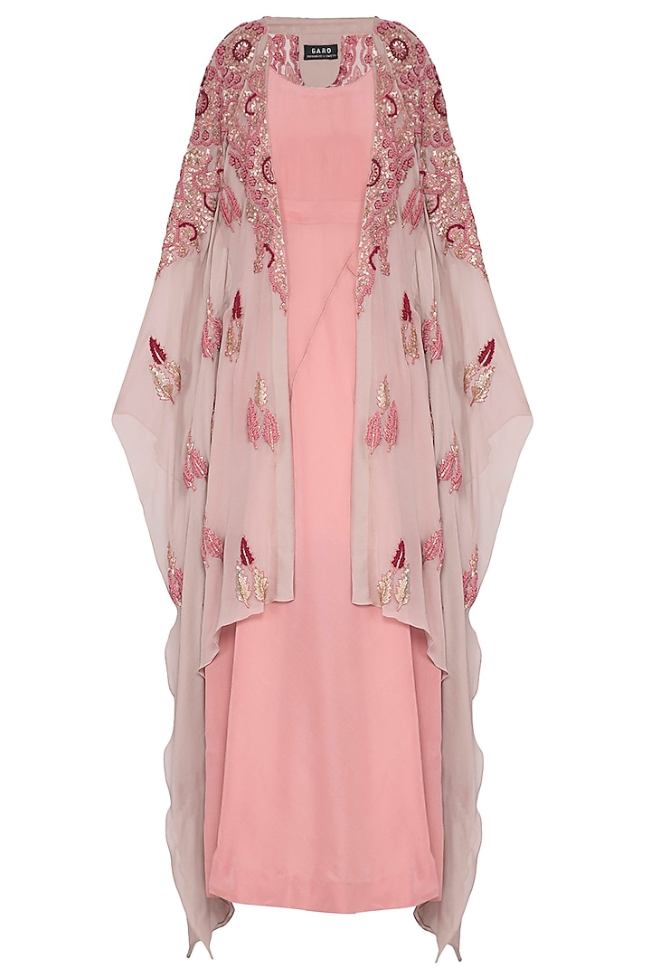 Pink drape and churidar pants with beige overlayer kaftan by Garo