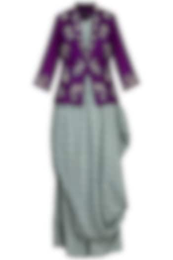Greyish blue drape and pants with purple embroidered jacket by Garo