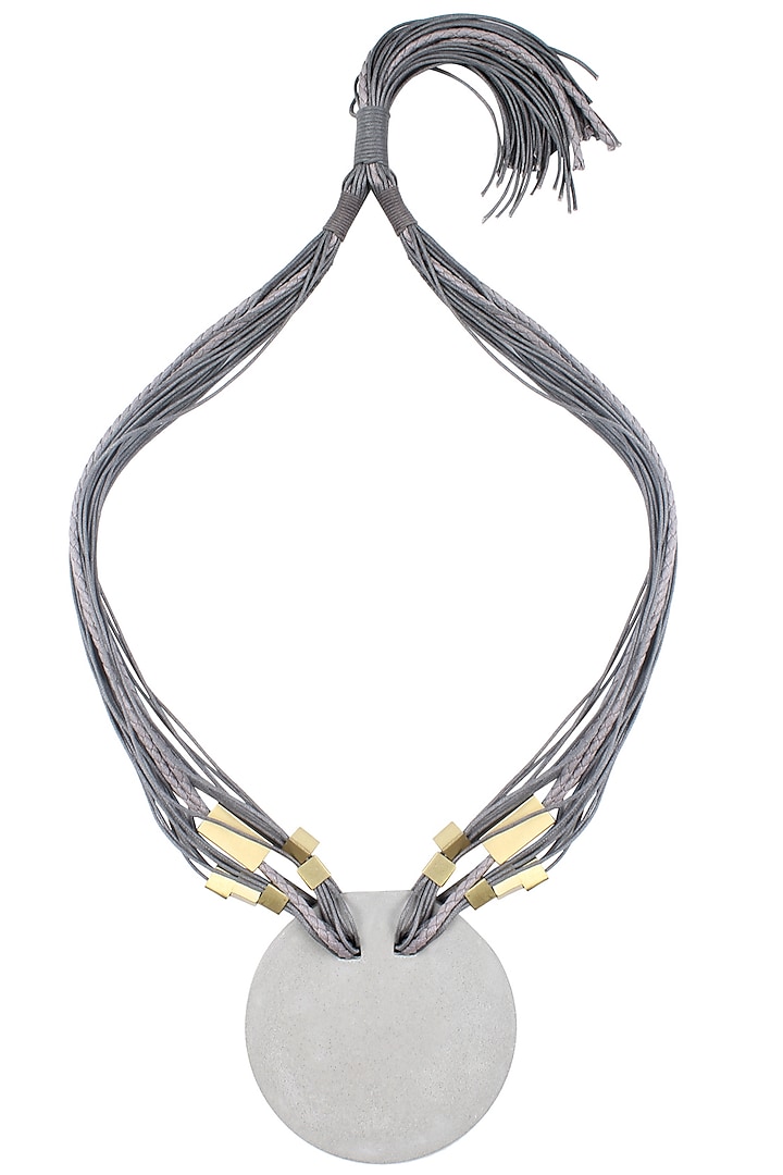 Grey Multiple Thread String Gold Finish Tubes Round Pendant Neckpiece by Greytone