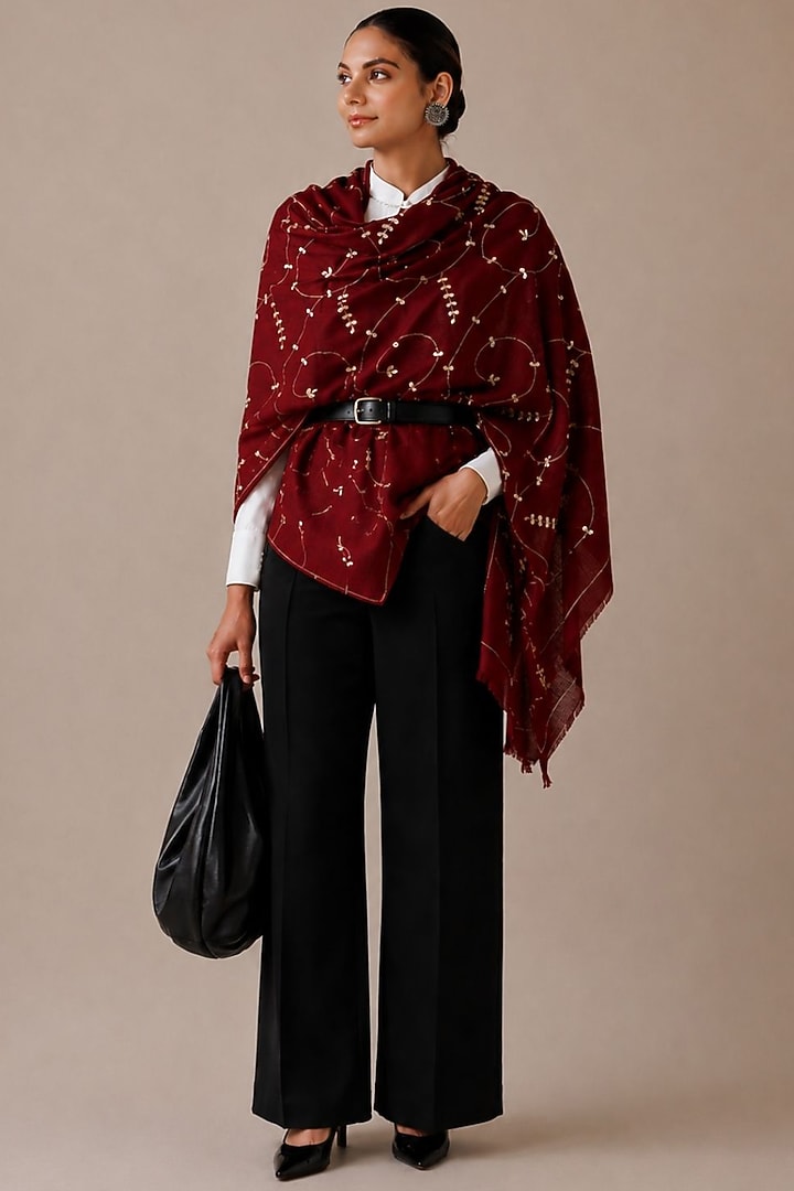 Maroon Wool Gota Patti Hand Embroidered Shawl by Geroo Jaipur Accessories at Pernia's Pop Up Shop