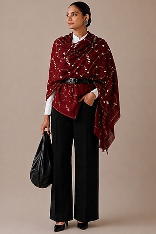 Maroon Wool Gota Patti Hand Embroidered Shawl by Geroo Jaipur Accessories
