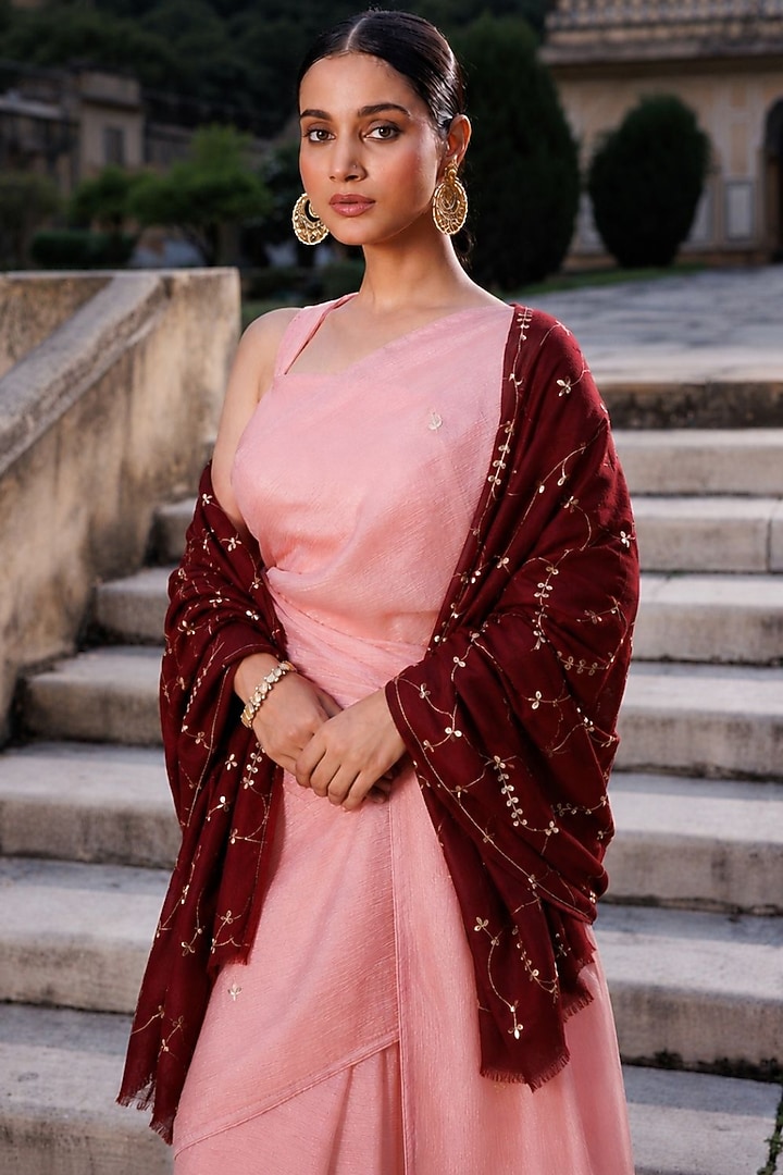 Maroon Wool Gota Patti Hand Embroidered Shawl by Geroo Jaipur Accessories at Pernia's Pop Up Shop