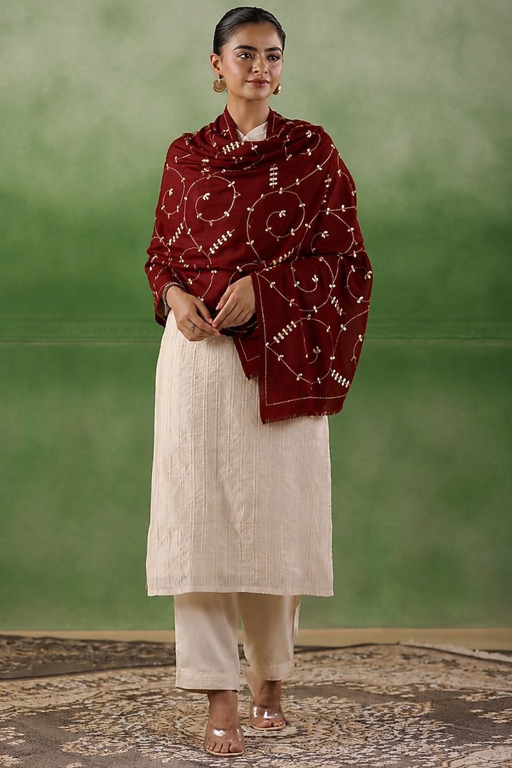 Maroon Wool Gota Patti Hand Embroidered Shawl by Geroo Jaipur Accessories at Pernia's Pop Up Shop