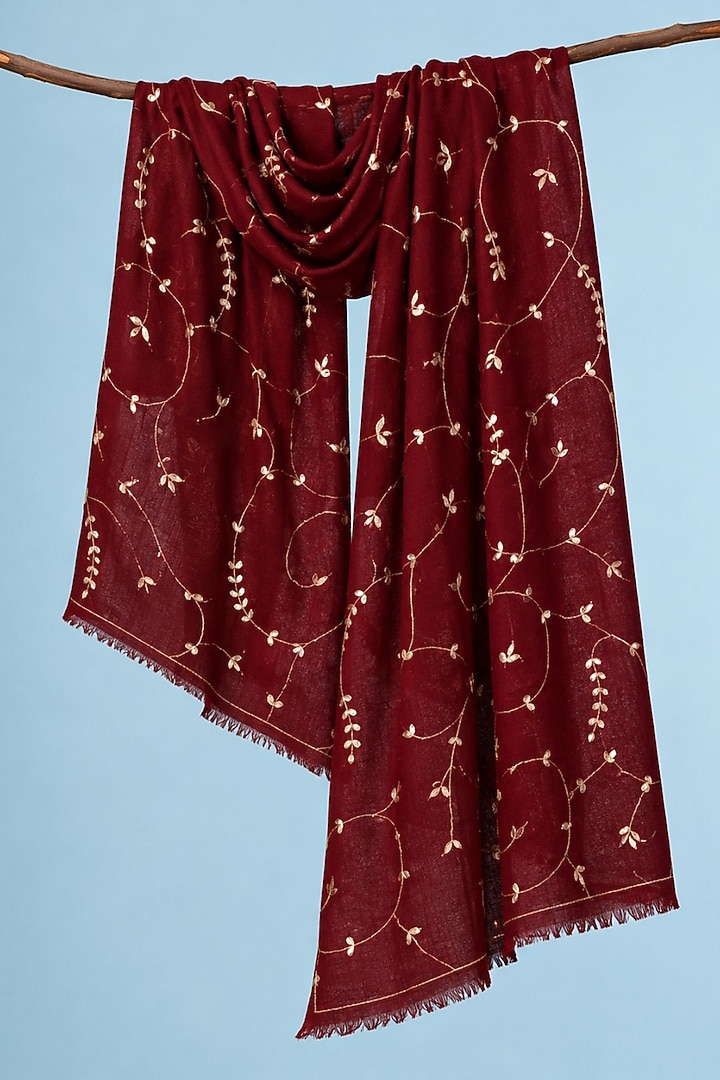 Maroon Wool Gota Patti Hand Embroidered Shawl by Geroo Jaipur Accessories at Pernia's Pop Up Shop