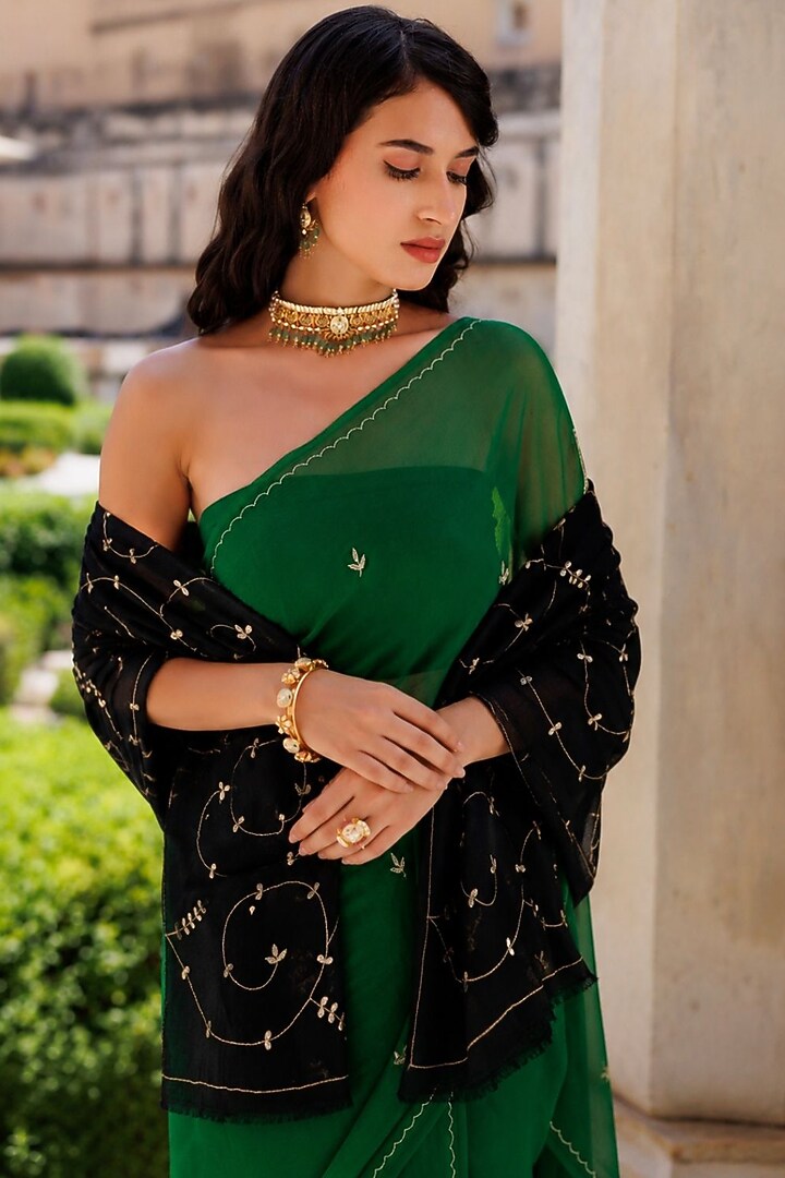 Black Wool Gota Patti Hand Embroidered Shawl by Geroo Jaipur Accessories at Pernia's Pop Up Shop