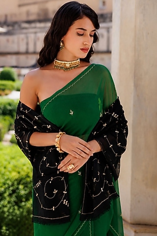 Black Wool Gota Patti Hand Embroidered Shawl by Geroo Jaipur Accessories