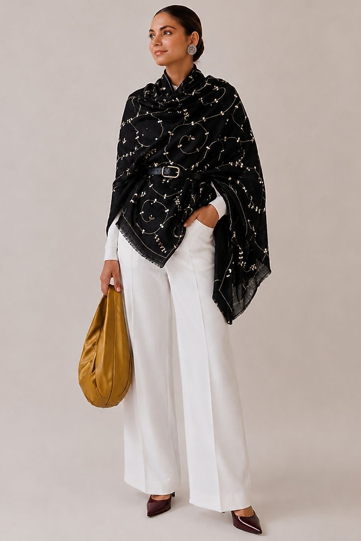 Black Wool Gota Patti Hand Embroidered Shawl by Geroo Jaipur Accessories at Pernia's Pop Up Shop