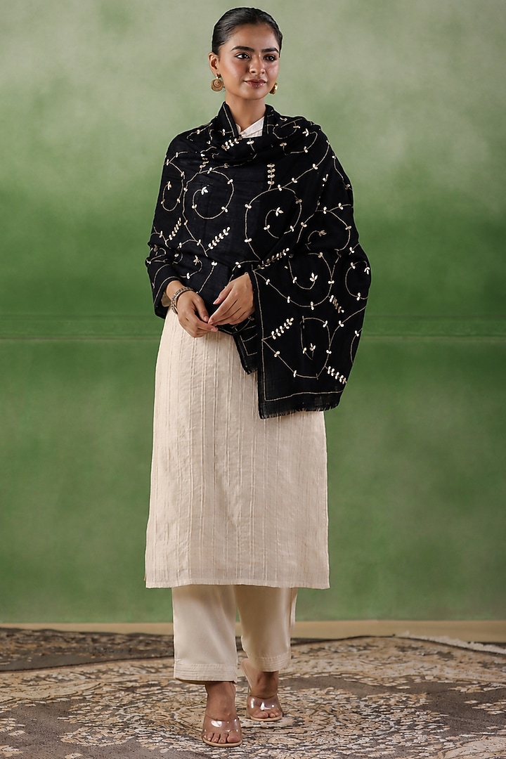 Black Wool Gota Patti Hand Embroidered Shawl by Geroo Jaipur Accessories at Pernia's Pop Up Shop