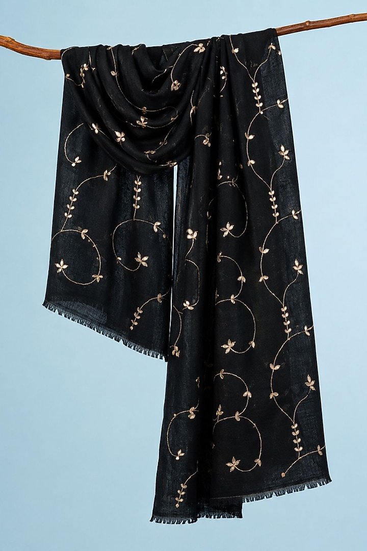 Black Wool Gota Patti Hand Embroidered Shawl by Geroo Jaipur Accessories at Pernia's Pop Up Shop