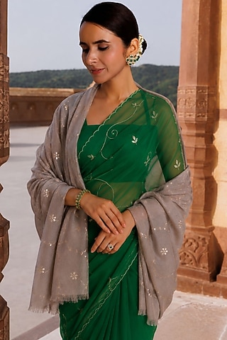 Grey Wool Gota Patti Hand Embroidered Shawl by Geroo Jaipur Accessories