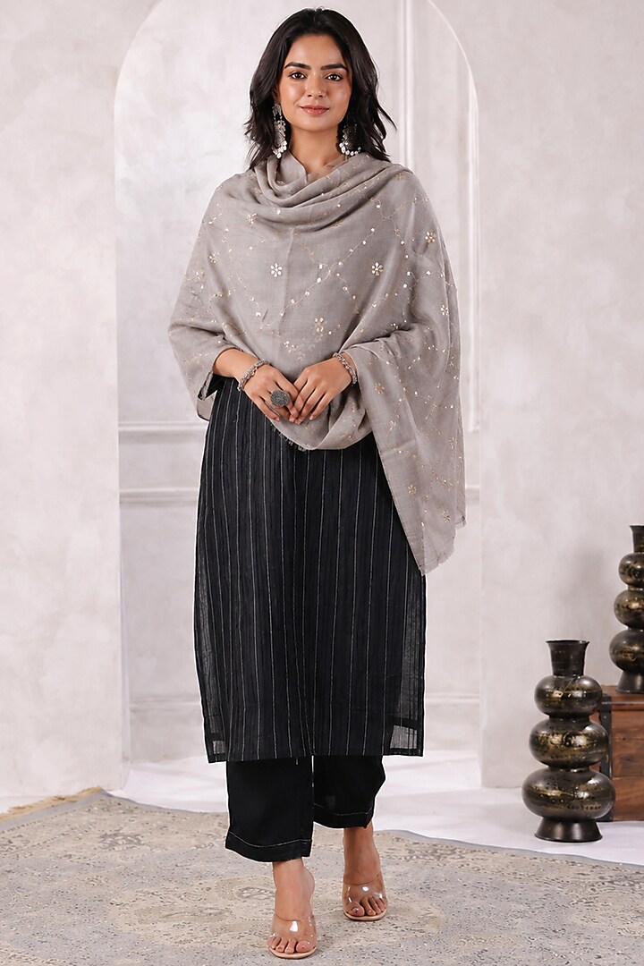 Grey Wool Gota Patti Hand Embroidered Shawl by Geroo Jaipur Accessories at Pernia's Pop Up Shop