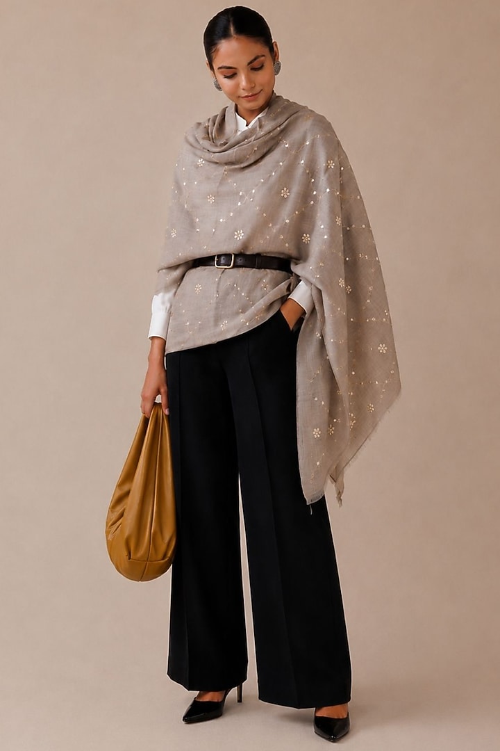 Grey Wool Gota Patti Hand Embroidered Shawl by Geroo Jaipur Accessories at Pernia's Pop Up Shop