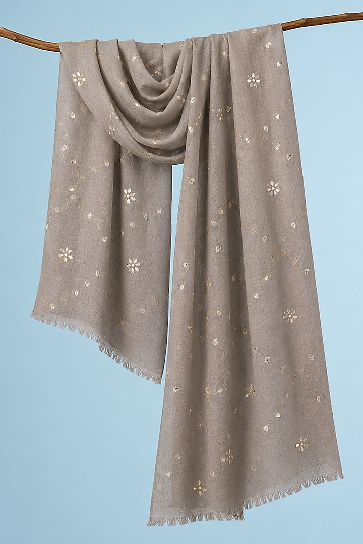 Grey Wool Gota Patti Hand Embroidered Shawl by Geroo Jaipur Accessories at Pernia's Pop Up Shop