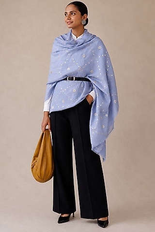 Powder Blue Wool Gota Patti Hand Embroidered Shawl by Geroo Jaipur Accessories