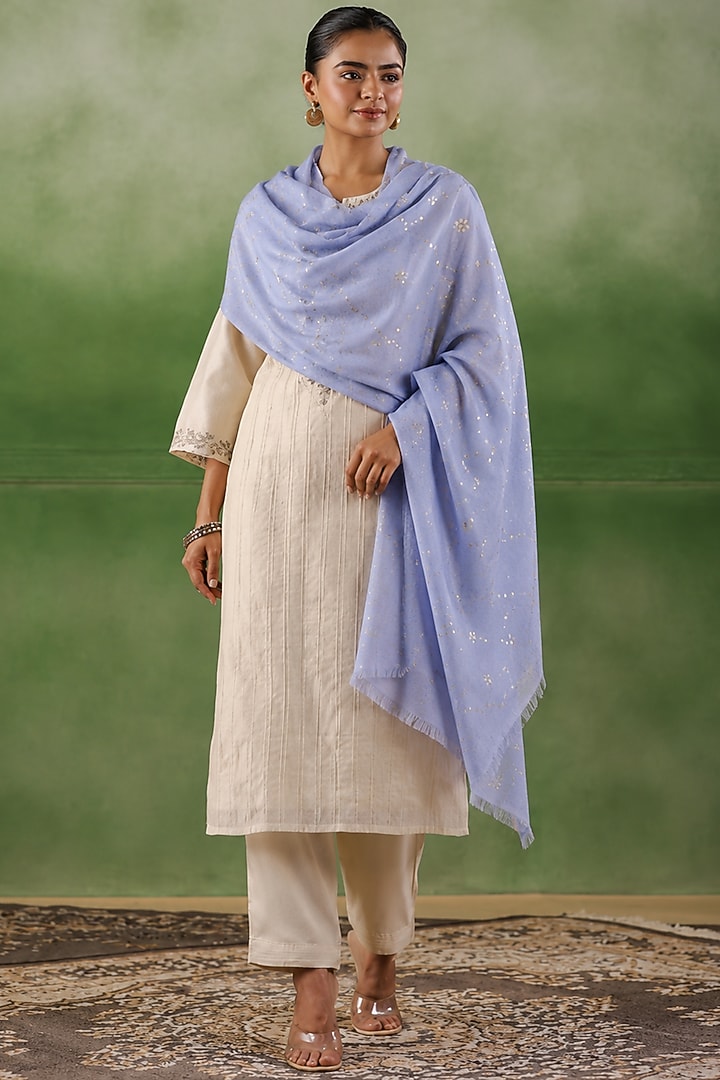 Powder Blue Wool Gota Patti Hand Embroidered Shawl by Geroo Jaipur Accessories at Pernia's Pop Up Shop