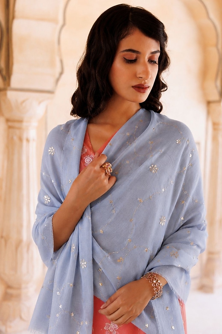 Powder Blue Wool Gota Patti Hand Embroidered Shawl by Geroo Jaipur Accessories at Pernia's Pop Up Shop