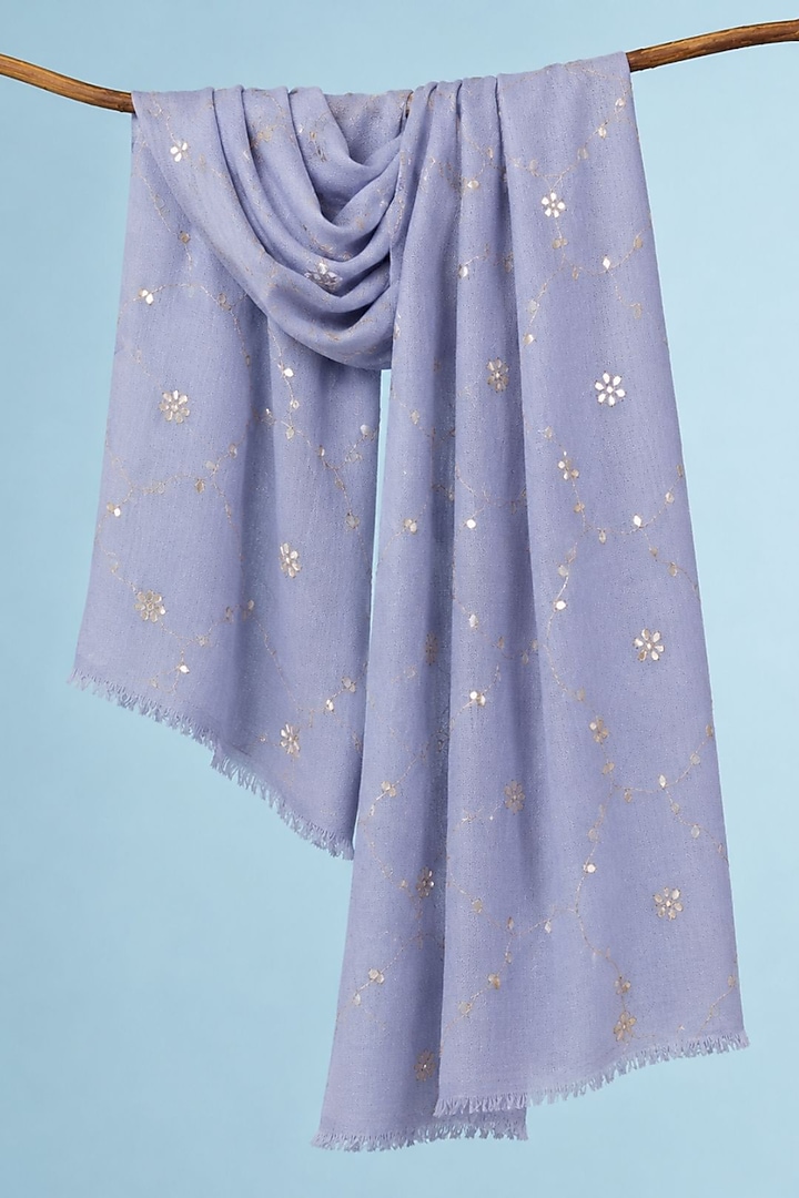 Powder Blue Wool Gota Patti Hand Embroidered Shawl by Geroo Jaipur Accessories at Pernia's Pop Up Shop