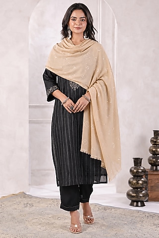 Beige Wool Gota Patti Hand Embroidered Shawl by Geroo Jaipur Accessories